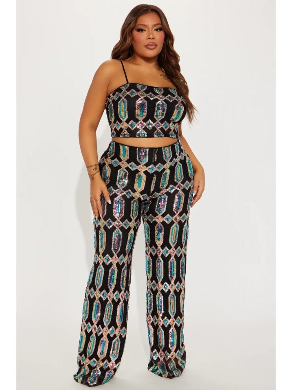 Fashion Nova Just Your Fairytale Black Sequin Matching Pant Set LARGE New - Picture 2 of 11